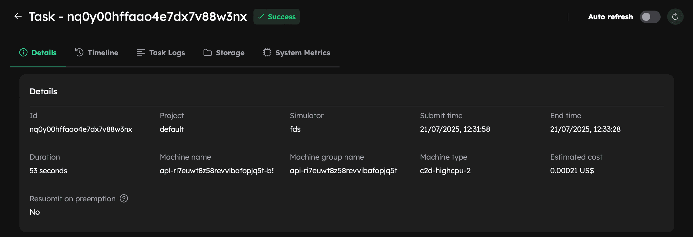 Task details panel in the Inductiva Console, showing runtime information, machine configuration, and cost estimate.