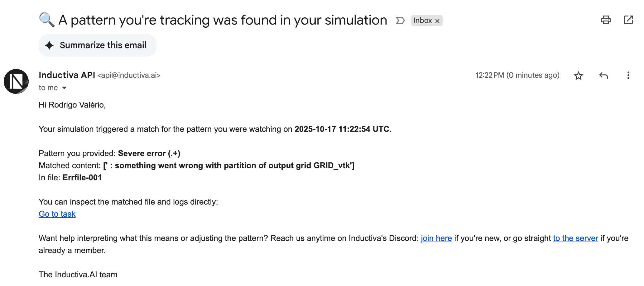 Email notification example