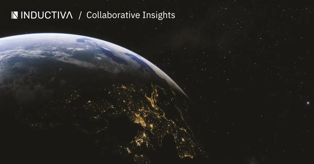 Earth seen from space at night, with glowing cities tracing the shape of the continents.