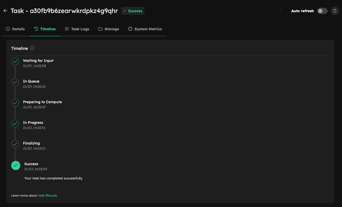 Task summary displayed in the Inductiva Console